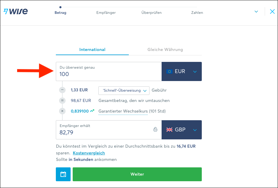 Wise Auslandsüberweisung mit Fremdwährungswechsel